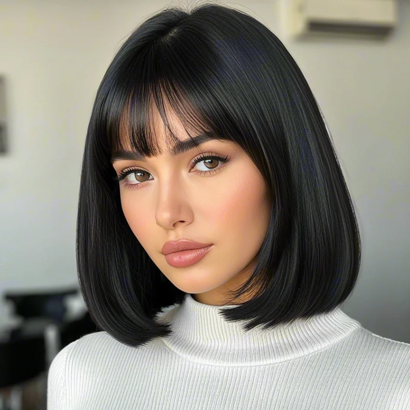 Black 12 inch bangs straight hair wig, high-density heat-resistant fiber synthetic, daily party, Halloween
Black 12 inch bangs straight hair wig, high-density heat-resistant fiber synthetic, daily party, Halloween