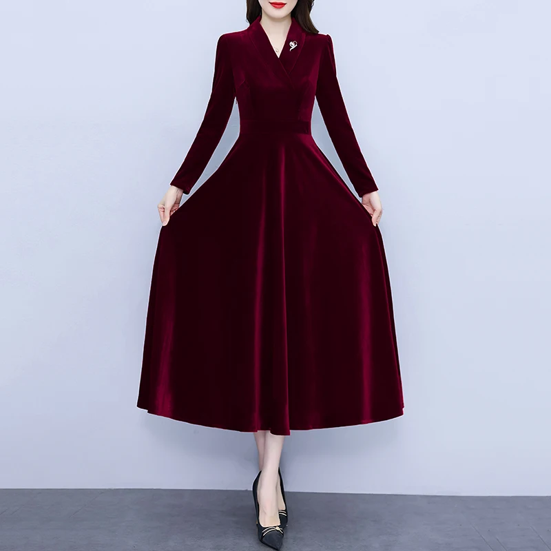 Autumn Winter Velvet Dress Women Elegant V-neck Long Sleeved Solid Color Evening Party Long Dresses Maxi
Autumn Winter Velvet Dress Women Elegant V-neck Long Sleeved Solid Color Evening Party Long Dresses Maxi