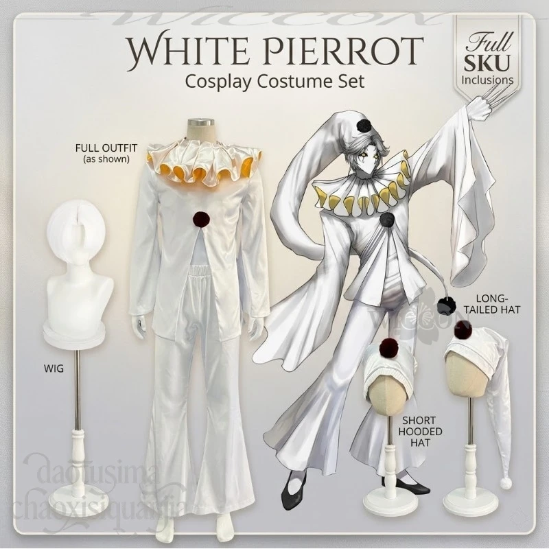 Anime Horror Game Clown Cosplay White Pierrotot Costume All White Clown Uniform Horror Suit Hat Halloween Christmas Party Cos
Anime Horror Game Clown Cosplay White Pierrotot Costume All White Clown Uniform Horror Suit Hat Halloween Christmas Party Cos