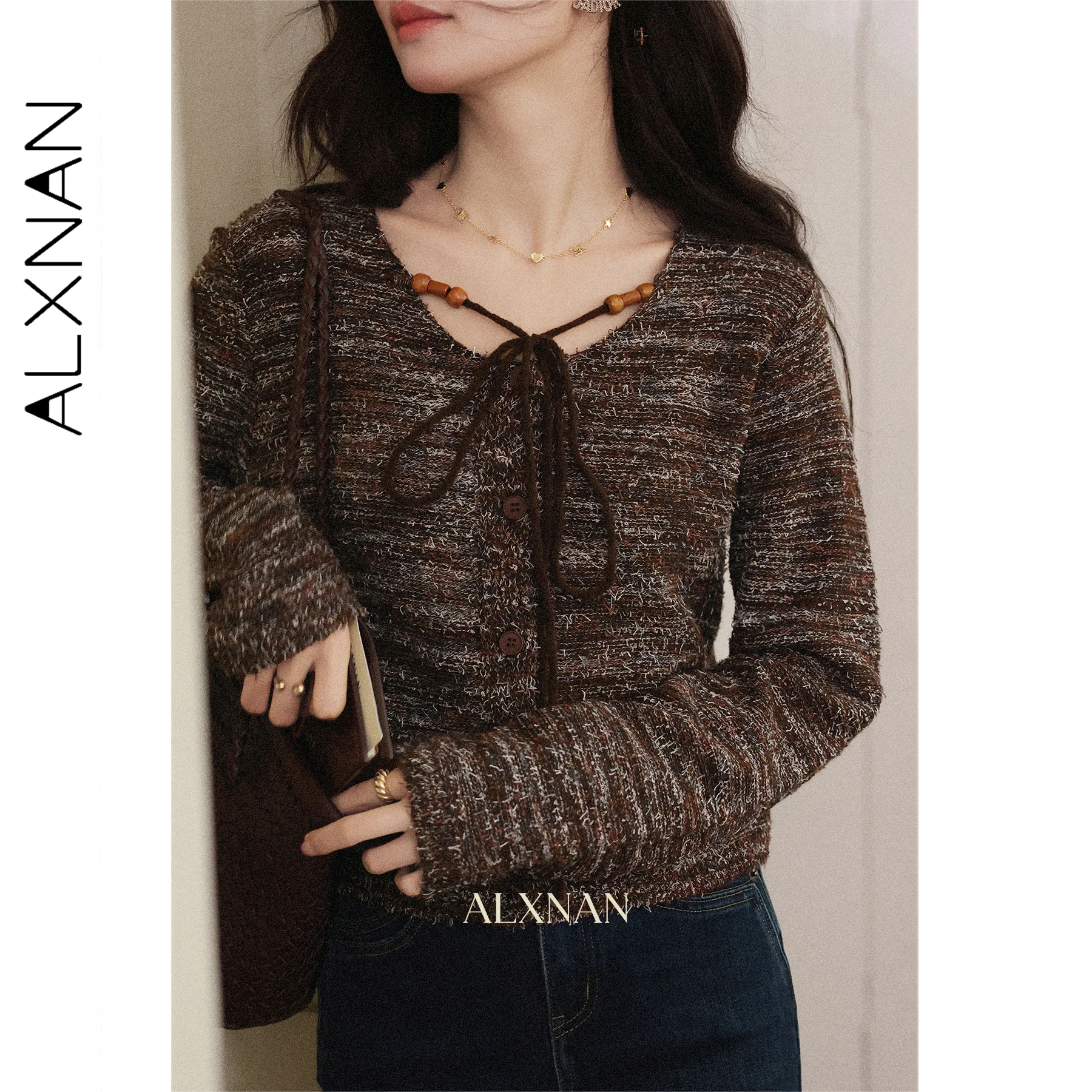 ALXNAN Women's Striped Pullovers Brown Lace-up Loose-fit Wool Sweaters 2025 Autumn Casual Elegant Long Sleeve Knit Tops L57055
ALXNAN Women's Striped Pullovers Brown Lace-up Loose-fit Wool Sweaters 2025 Autumn Casual Elegant Long Sleeve Knit Tops L57055