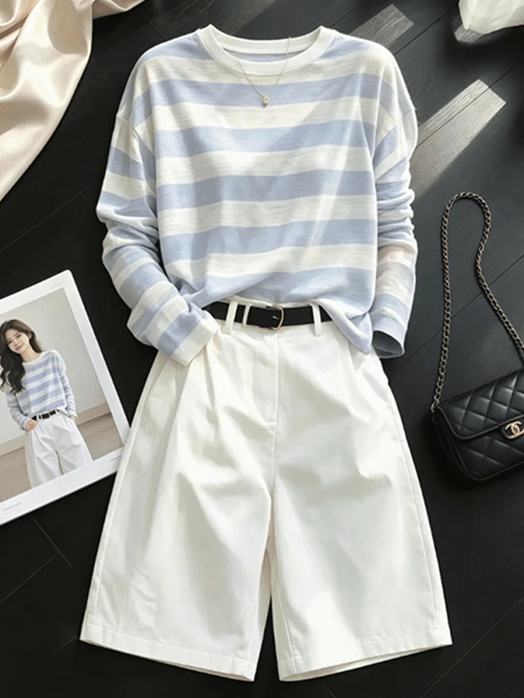 Casual Stripe Loose High Waist Long Sleeve Women's Set Summer Breathable Comfortable T-Shirt And Wide Leg Pants Two-Piece Suit
Casual Stripe Loose High Waist Long Sleeve Women's Set Summer Breathable Comfortable T-Shirt And Wide Leg Pants Two-Piece Suit