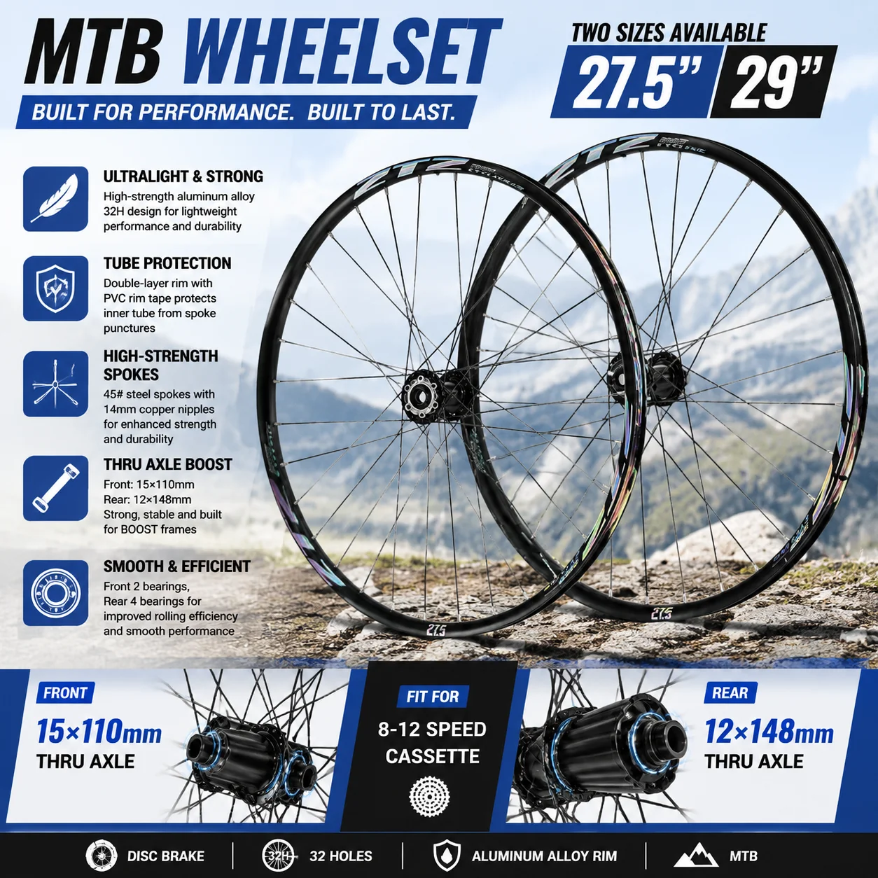 27.5"/29" Boost MTB Wheelset, Lightweight Aluminum Alloy Mountain Bike Wheels with 32H Spokes, Front 15x110mm Rear 12x148mm Thru Axle Disc Brake Wheel Set, Compatible with 8-12 Speed Cassette
27.5"/29" Boost MTB Wheelset, Lightweight Aluminum Alloy Mountain Bike Wheels with 32H Spokes, Front 15x110mm Rear 12x148mm Thru Axle Disc Brake Wheel Set, Compatible with 8-12 Speed Cassette