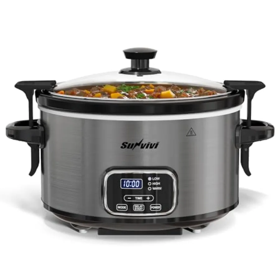 4QT Programmable Slow Cooker with Locking Lid Removable Ceramic Pot 3 Heating Settings Time Control Dishwasher-Safe Lid Grey