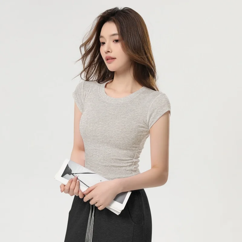 Plain T-shirt Short Sleeve Summer Slimming Soft Versatile Waist-cinching Straight Shoulders Round Neck Outerwear Top
Plain T-shirt Short Sleeve Summer Slimming Soft Versatile Waist-cinching Straight Shoulders Round Neck Outerwear Top
