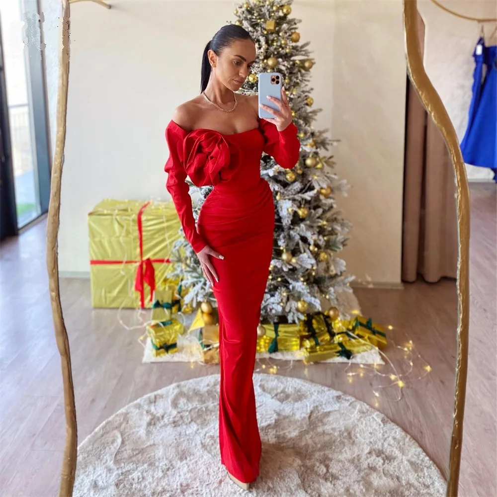 Elegant Red Evening Dress Strapless Trumpet Satin Party Dress With Flower Off The Shoulder Ruched Long Sleeves Prom Dress
Elegant Red Evening Dress Strapless Trumpet Satin Party Dress With Flower Off The Shoulder Ruched Long Sleeves Prom Dress
