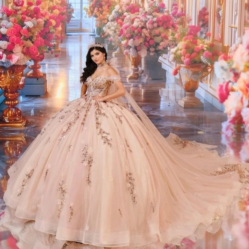 Pink Shiny Quinceanera Dresses Off The Shoulder Applique Lace Beads Tull With Cape Party Birthday Ball Gown Sweet 16 Dress Vesti
Pink Shiny Quinceanera Dresses Off The Shoulder Applique Lace Beads Tull With Cape Party Birthday Ball Gown Sweet 16 Dress Vesti