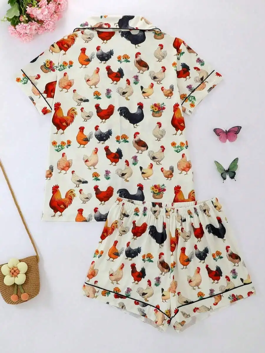 Womens Summer Rooster Print Pajama Set Short Sleeve Top And Shorts Loungewear
Womens Summer Rooster Print Pajama Set Short Sleeve Top And Shorts Loungewear