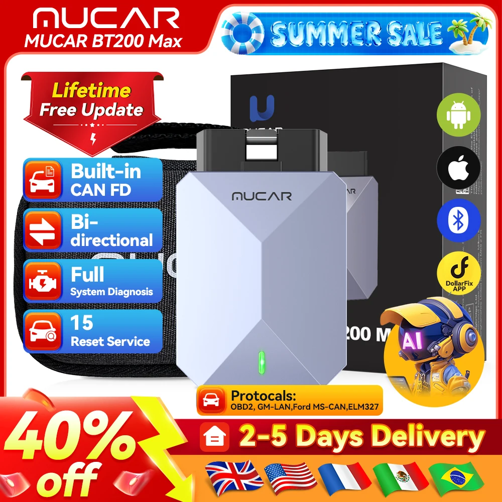 MUCAR BT200 Max OBD2 Scanner Bluetooth, CAN FD All System Diagnostic Tool Bi-directional Actuator15 Reset Lifetime Free Update
MUCAR BT200 Max OBD2 Scanner Bluetooth, CAN FD All System Diagnostic Tool Bi-directional Actuator15 Reset Lifetime Free Update