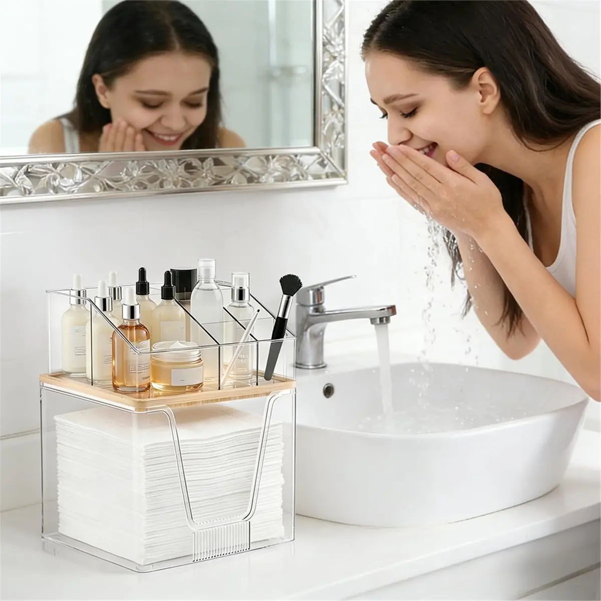 Time Saving 2 in 1 Towel Holder and Cosmetic Organizer, Clear Storage with Bamboo Lid, Stackable 2 Tier Vanity Organizer
Time Saving 2 in 1 Towel Holder and Cosmetic Organizer, Clear Storage with Bamboo Lid, Stackable 2 Tier Vanity Organizer