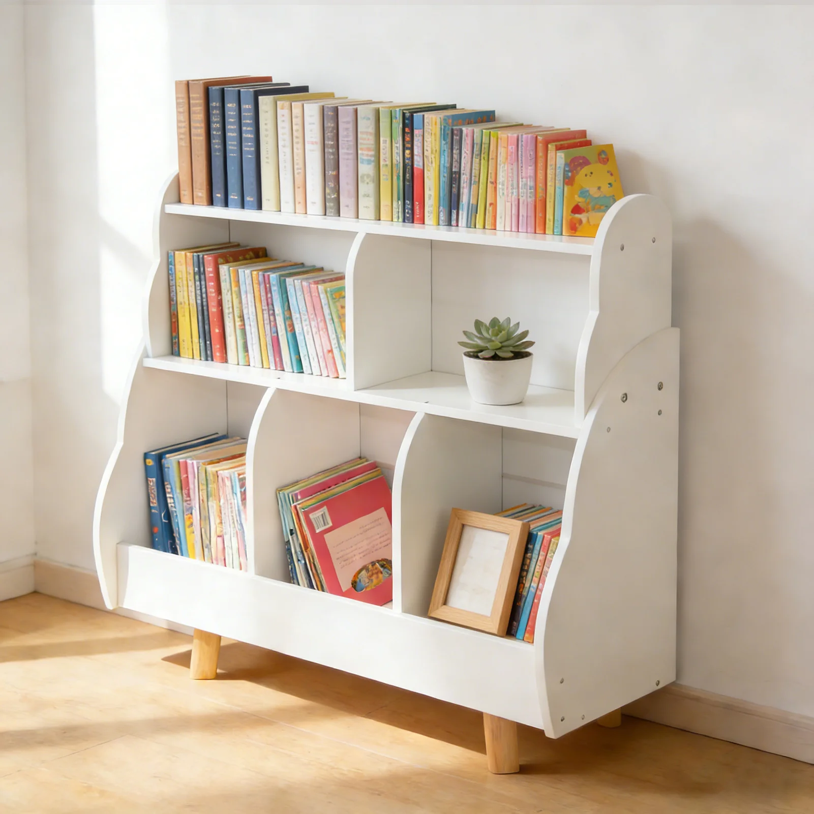 Tier Kids Bookshelf Toy Storage Organizer Toddler Bookcase with 5 Open Storage Boxes Curved Design Solid Wood Legs
Tier Kids Bookshelf Toy Storage Organizer Toddler Bookcase with 5 Open Storage Boxes Curved Design Solid Wood Legs