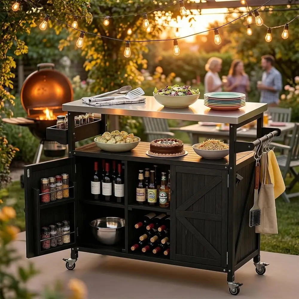 50 Outdoor Rolling Grill Cart with Storage, Wooden Prep Table, Stainless Steel Top, Black
50 Outdoor Rolling Grill Cart with Storage, Wooden Prep Table, Stainless Steel Top, Black