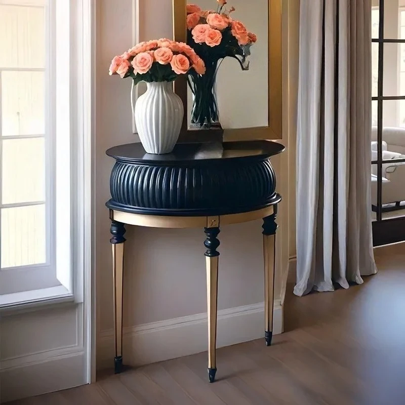 solid wood entrance cabinet semi-round table black medieval entrance table foyer living room side table decoration
solid wood entrance cabinet semi-round table black medieval entrance table foyer living room side table decoration