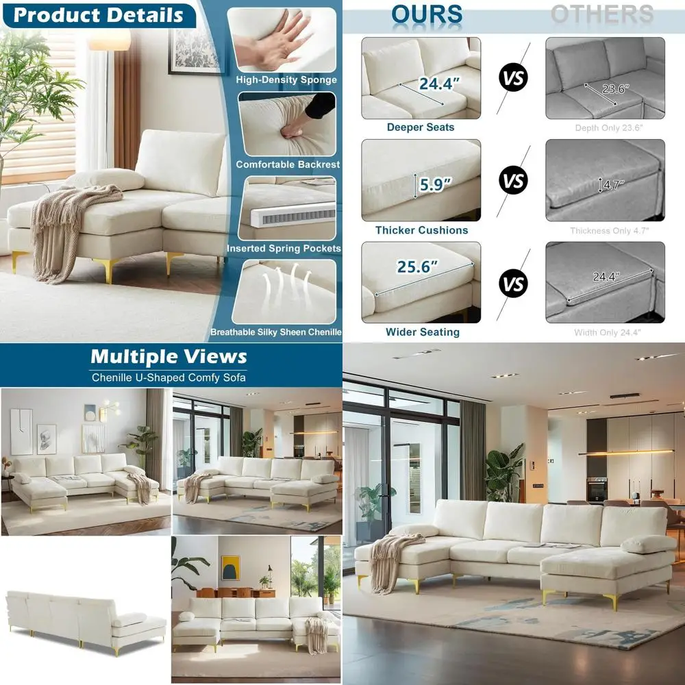 Large 110 U-Shape Sectional Sofa with 51 Chaise, 5.9 Thick Padding, Chenille Fabric, Gold Metal Legs in Beige
Large 110 U-Shape Sectional Sofa with 51 Chaise, 5.9 Thick Padding, Chenille Fabric, Gold Metal Legs in Beige