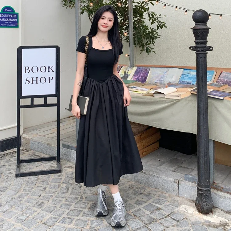 Fashion A-Line Casual loose Dresses French style summer black dress for women square Collar High Waist Solid Maxi bodycon dress
Fashion A-Line Casual loose Dresses French style summer black dress for women square Collar High Waist Solid Maxi bodycon dress