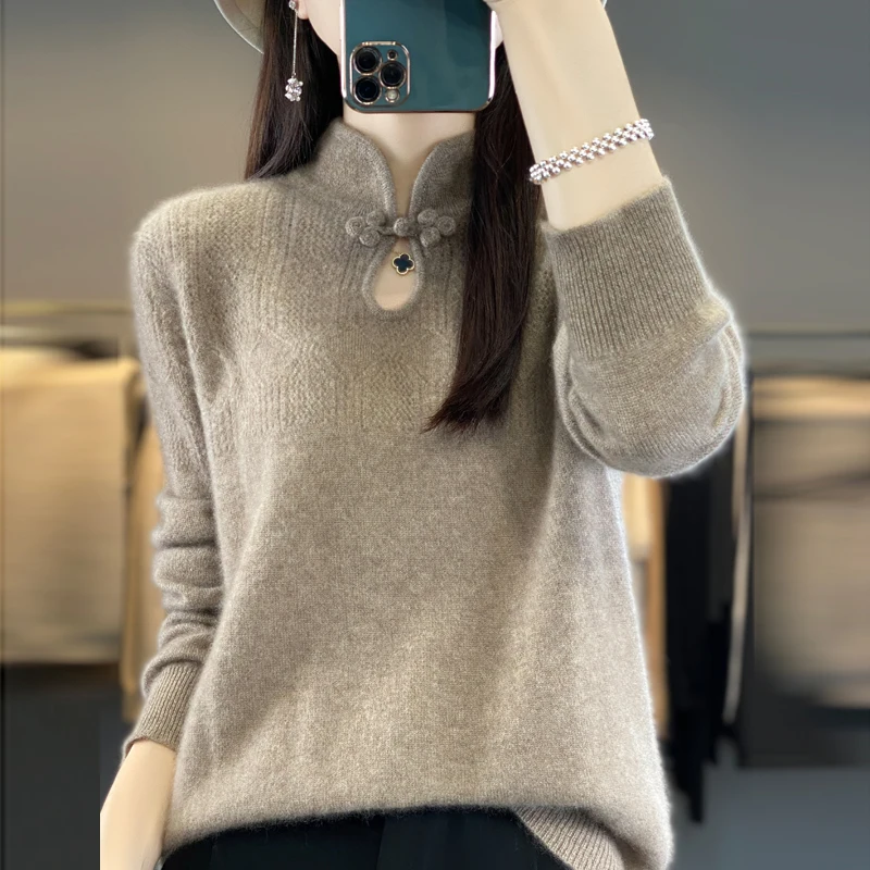 Women's knitted 100% wool pullover sweater with long sleeved stand up collar and buckle knitted loose and high-quality base top 
Women's knitted 100% wool pullover sweater with long sleeved stand up collar and buckle knitted loose and high-quality base top