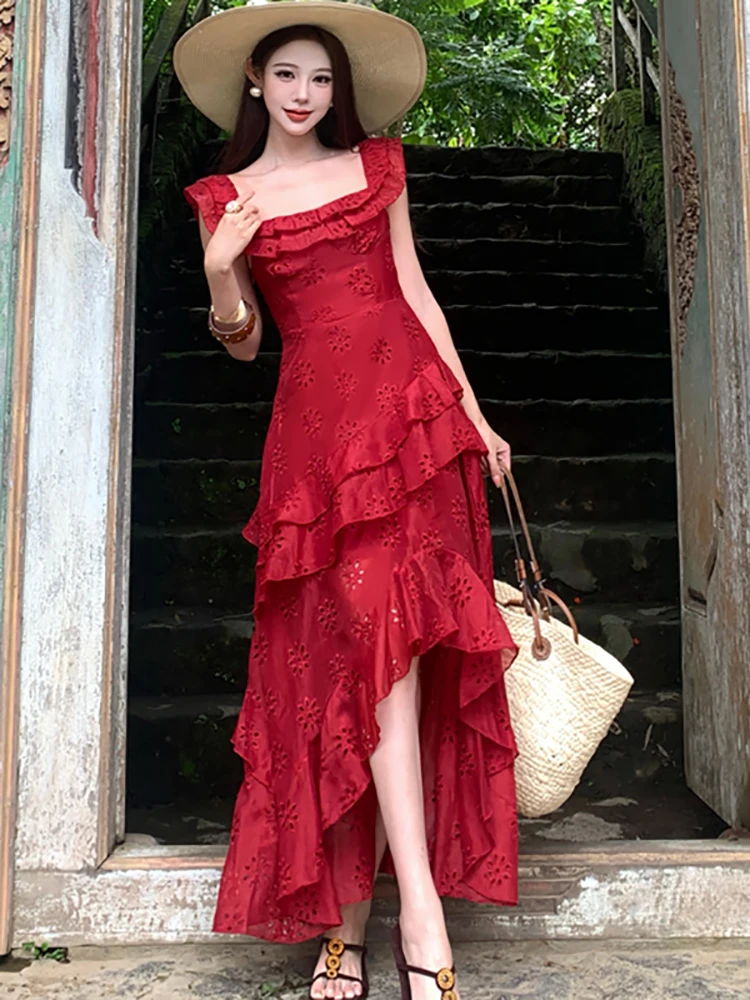 Women Red Embroidery Floral Ruffled Sling Long Dress Summer Elegant Luxury Slit Dress 2026 Korean Fashion Bodycon Evening Dress
Women Red Embroidery Floral Ruffled Sling Long Dress Summer Elegant Luxury Slit Dress 2026 Korean Fashion Bodycon Evening Dress