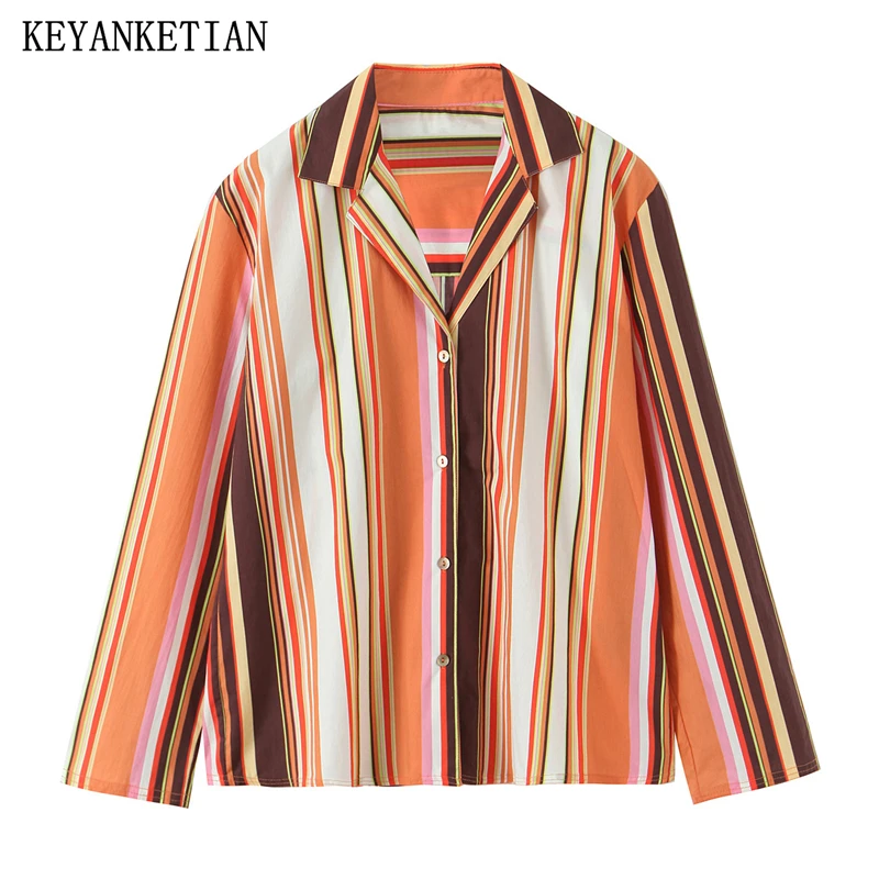 KEYANKETIAN 2025 Autumn New Women's Vertical Striped Shirt Leisure style Notched Collar Single Breasted Long Sleeve Blouses Top
KEYANKETIAN 2025 Autumn New Women's Vertical Striped Shirt Leisure style Notched Collar Single Breasted Long Sleeve Blouses Top