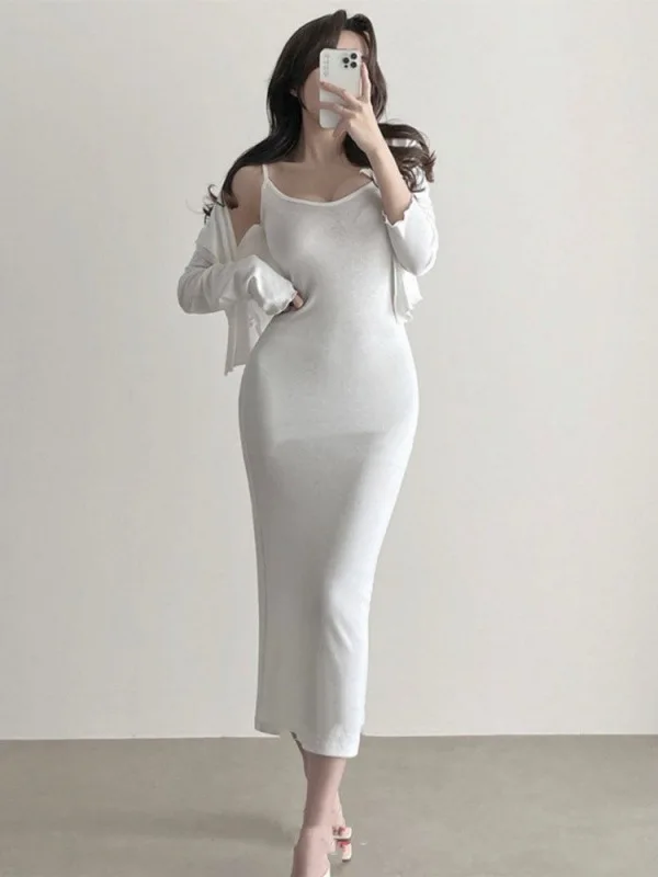 Spring/autumn Korean Version New V-neck High Waist Wrap Hip Sling Long Dress+long Sleeve Single Breasted Cardigan Set D689
Spring/autumn Korean Version New V-neck High Waist Wrap Hip Sling Long Dress+long Sleeve Single Breasted Cardigan Set D689