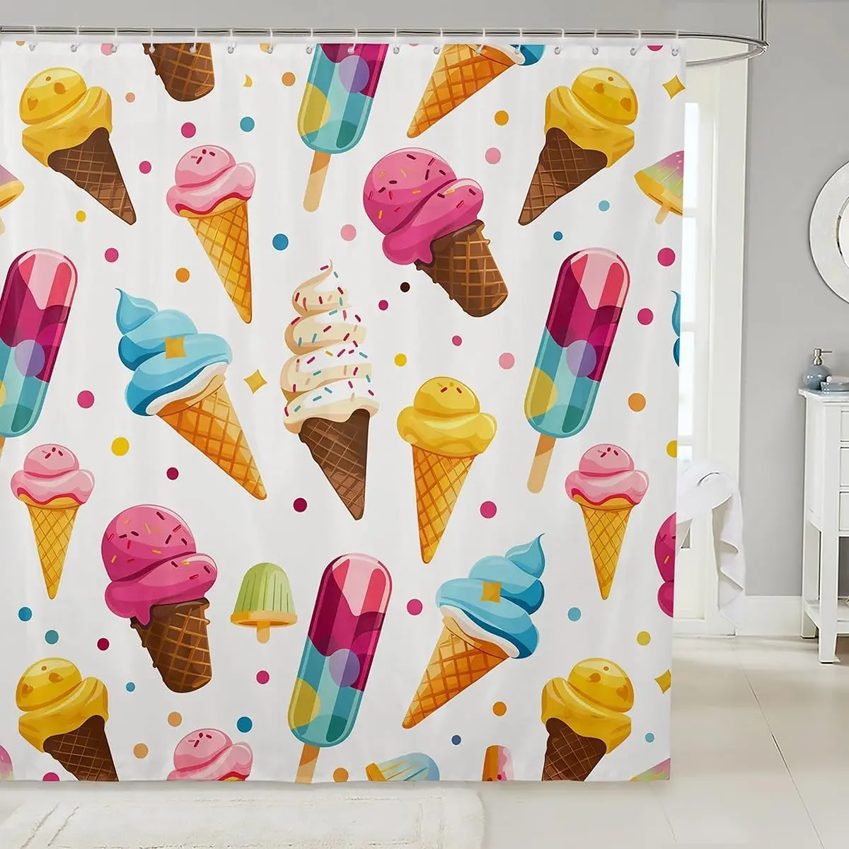 Занавеска для душа с мороженым для девочек, тканевая занавеска для душа с рисунком десерта, детская красочная занавеска для душа с мороженым, торт, водонепроницаемая ванная комната 
Занавеска для душа с мороженым для девочек, тканевая занавеска для душа с рисунком десерта, детская красочная занавеска для душа с мороженым, торт, водонепроницаемая ванная комната