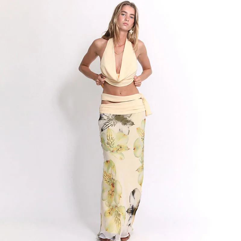 Apprabant Women Contrast Color Printd Splicing Skirts Set Sexy Backless Hanging Neck Tops Lace Up High Waist Slimming Skirt Suit
Apprabant Women Contrast Color Printd Splicing Skirts Set Sexy Backless Hanging Neck Tops Lace Up High Waist Slimming Skirt Suit