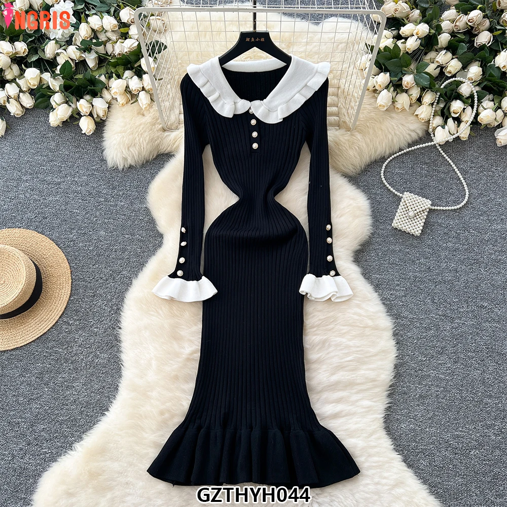 Women's Elegant Solid Single Breasted Ruffled Knitted Dress With Collar Ruffle Hem Long Party Vestidos -GZTHYH043
Women's Elegant Solid Single Breasted Ruffled Knitted Dress With Collar Ruffle Hem Long Party Vestidos -GZTHYH043