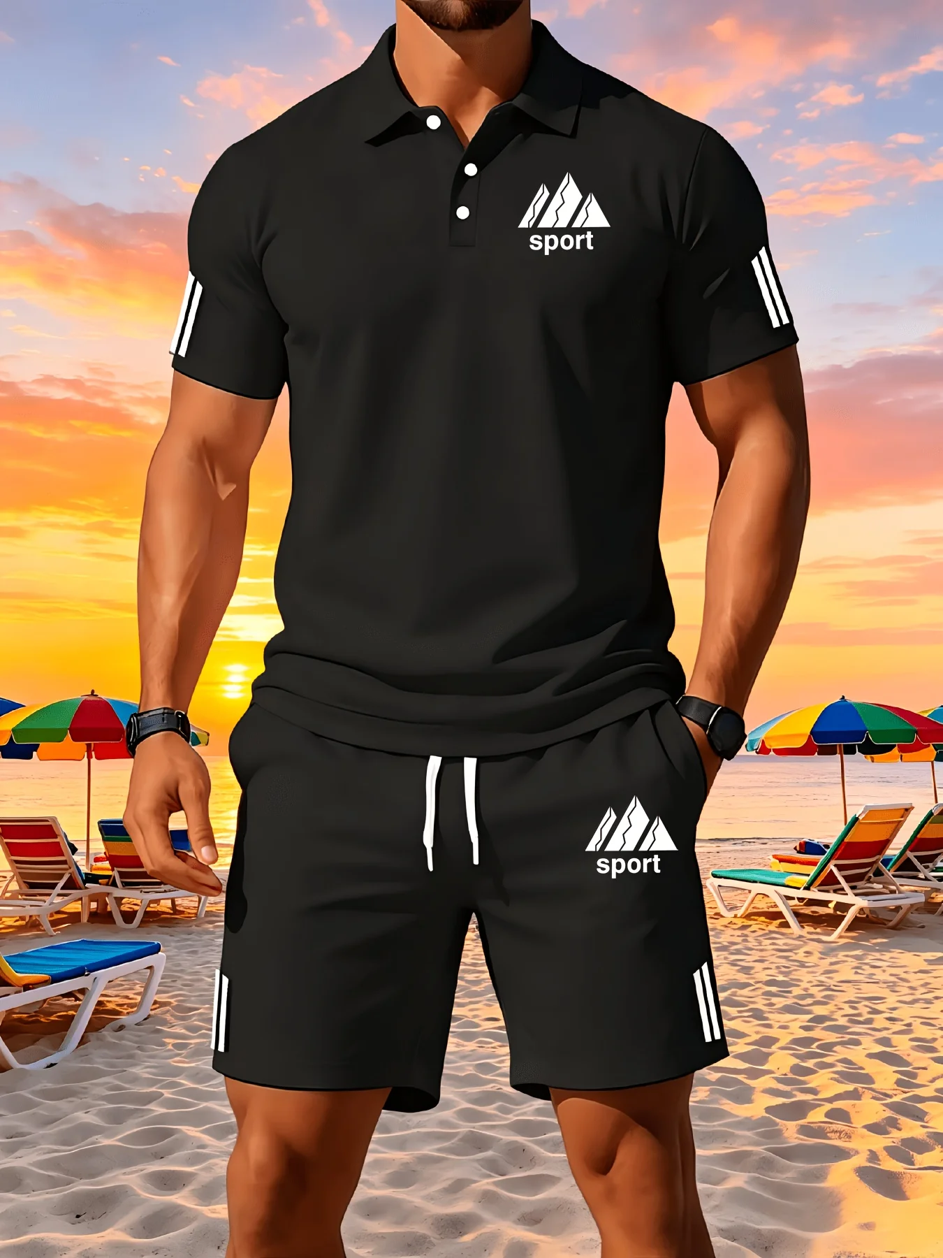 2026 Pure Black Side Stripe Men's Two Piece Set Mountain and Sports Letter Printed Collar Flip Collar T-shirt
2026 Pure Black Side Stripe Men's Two Piece Set Mountain and Sports Letter Printed Collar Flip Collar T-shirt