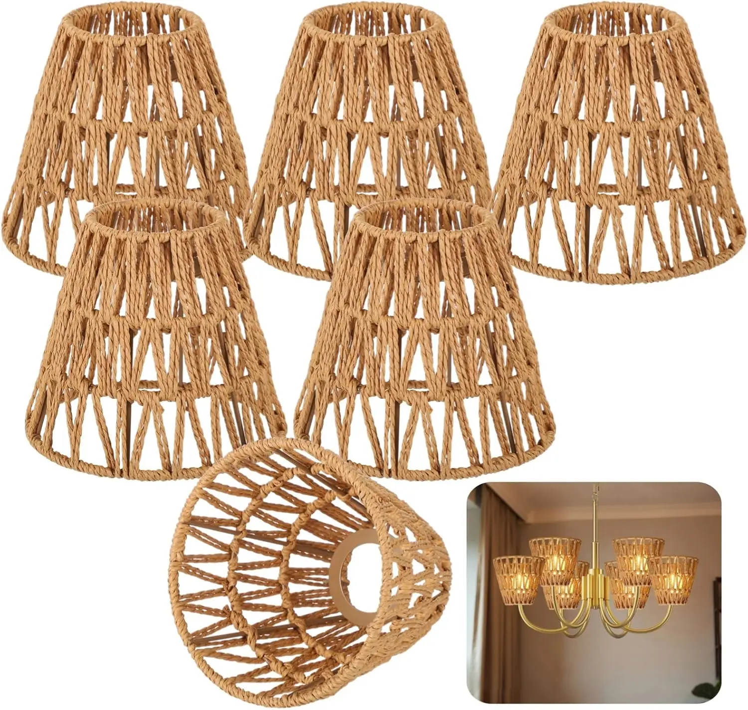 6 PCS E27 Rattan Lamp Shade,Bell Woven Wicker Lampshades Replacement,Paper Rope & Metal Frame,Bohemian Style Light Shade
6 PCS E27 Rattan Lamp Shade,Bell Woven Wicker Lampshades Replacement,Paper Rope & Metal Frame,Bohemian Style Light Shade