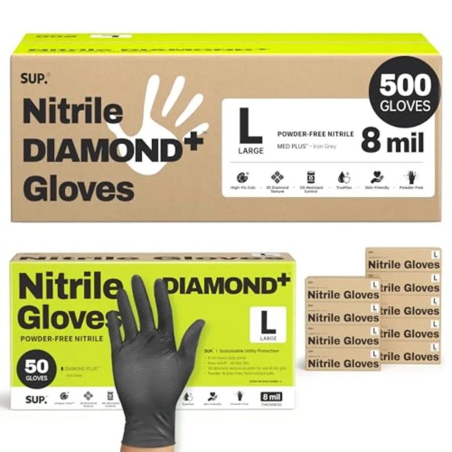 SUPER+ Disposable Nitrile Gloves 8 Mil Diamond Powder-Free Latex-Free Food Safe Chemical Resistant Heavy Duty Black 500 Ct
SUPER+ Disposable Nitrile Gloves 8 Mil Diamond Powder-Free Latex-Free Food Safe Chemical Resistant Heavy Duty Black 500 Ct