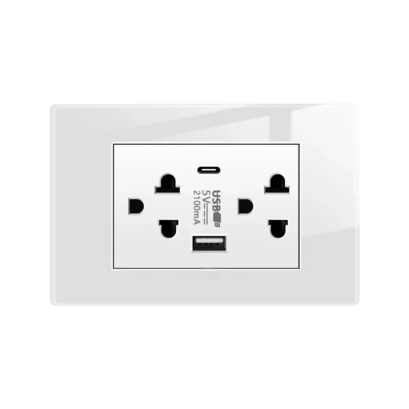 White tempered glass plug outlet, light switch panel US wall switch power socket with USB Type-C quick charger, American Mexico
White tempered glass plug outlet, light switch panel US wall switch power socket with USB Type-C quick charger, American Mexico