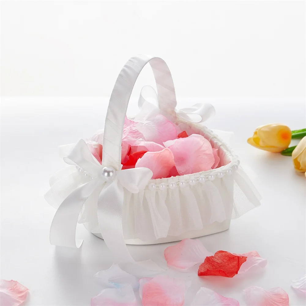 Elegant White Flower Girl Basket with Pearl, Bow Lace Trim, Wedding Basket for Ceremony Decor
Elegant White Flower Girl Basket with Pearl, Bow Lace Trim, Wedding Basket for Ceremony Decor