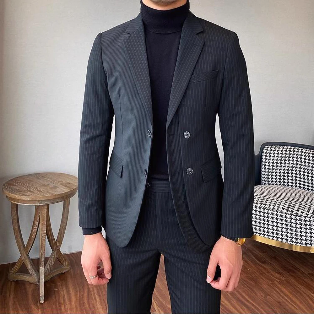 2023 Latest Design Male Suit Black Vertical Stripe Notch Lapel 2 Piece Double Breasted Slim Fit Business Wedding Suit for Men
2023 Latest Design Male Suit Black Vertical Stripe Notch Lapel 2 Piece Double Breasted Slim Fit Business Wedding Suit for Men