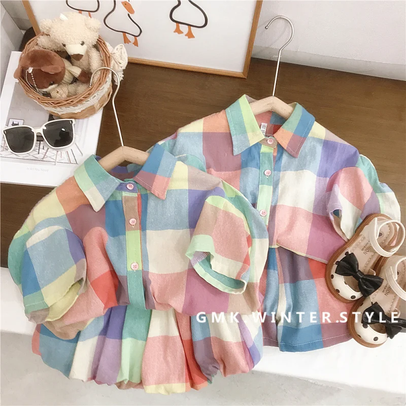 Children's Summer Clothing Girls' Colorful Plaid Bloomers Set Boys' Short Sleeve Shorts Two-Piece Set Brother and Sister Outfits
Children's Summer Clothing Girls' Colorful Plaid Bloomers Set Boys' Short Sleeve Shorts Two-Piece Set Brother and Sister Outfits