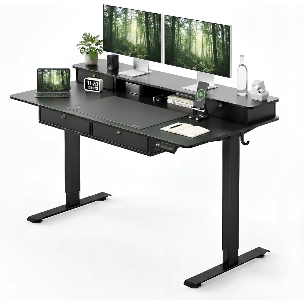 Electric Height-Adjustable Standing Desk with 4 Drawers, 2 Hooks, and Storage Shelf, Black
Electric Height-Adjustable Standing Desk with 4 Drawers, 2 Hooks, and Storage Shelf, Black