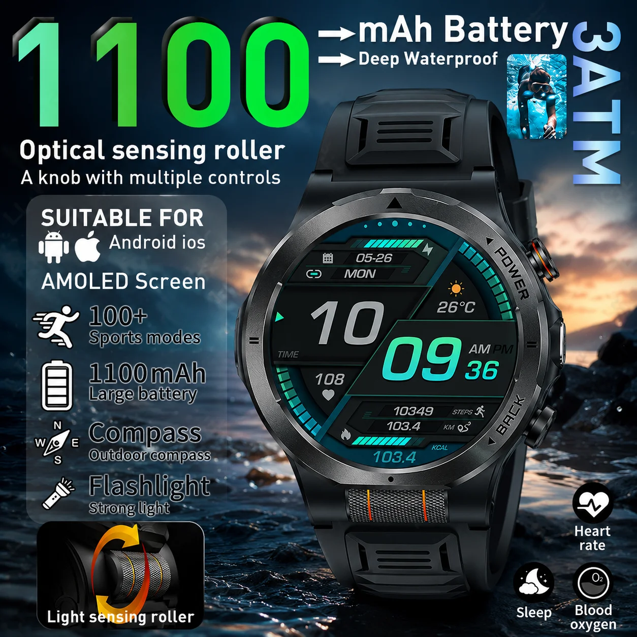 2026 Rugged Military Smart Watch Man AMOLED Flashlight Compass Sports Tracker Clock 1100mAh Smartwatch For Men Outdoor Watches
2026 Rugged Military Smart Watch Man AMOLED Flashlight Compass Sports Tracker Clock 1100mAh Smartwatch For Men Outdoor Watches