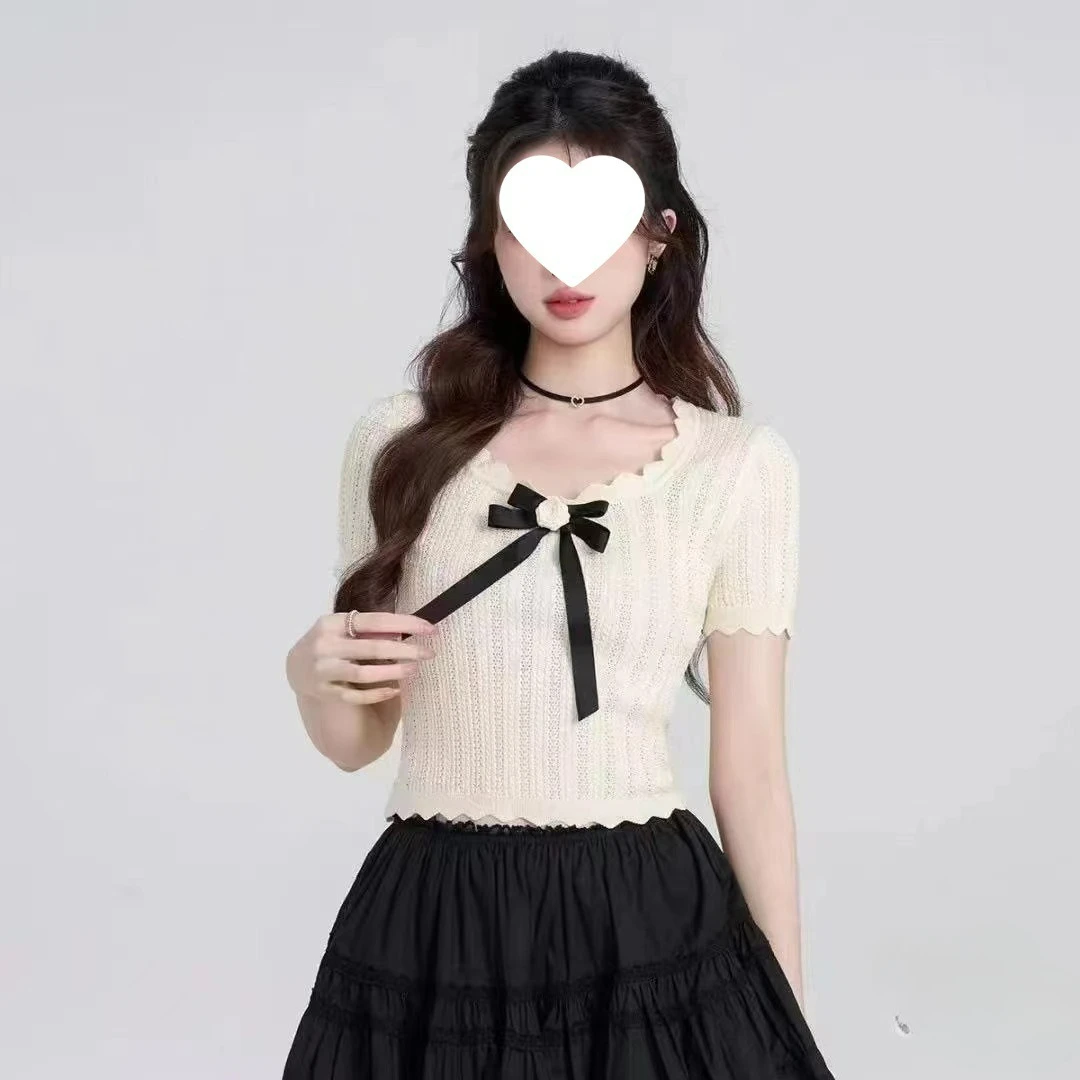 Summer Short Sleeve Hollow T-Shirt Bow Women Solid Round Neck Shirts Versatile Pullover Female Elastic Casual Knitted Tee D931
Summer Short Sleeve Hollow T-Shirt Bow Women Solid Round Neck Shirts Versatile Pullover Female Elastic Casual Knitted Tee D931