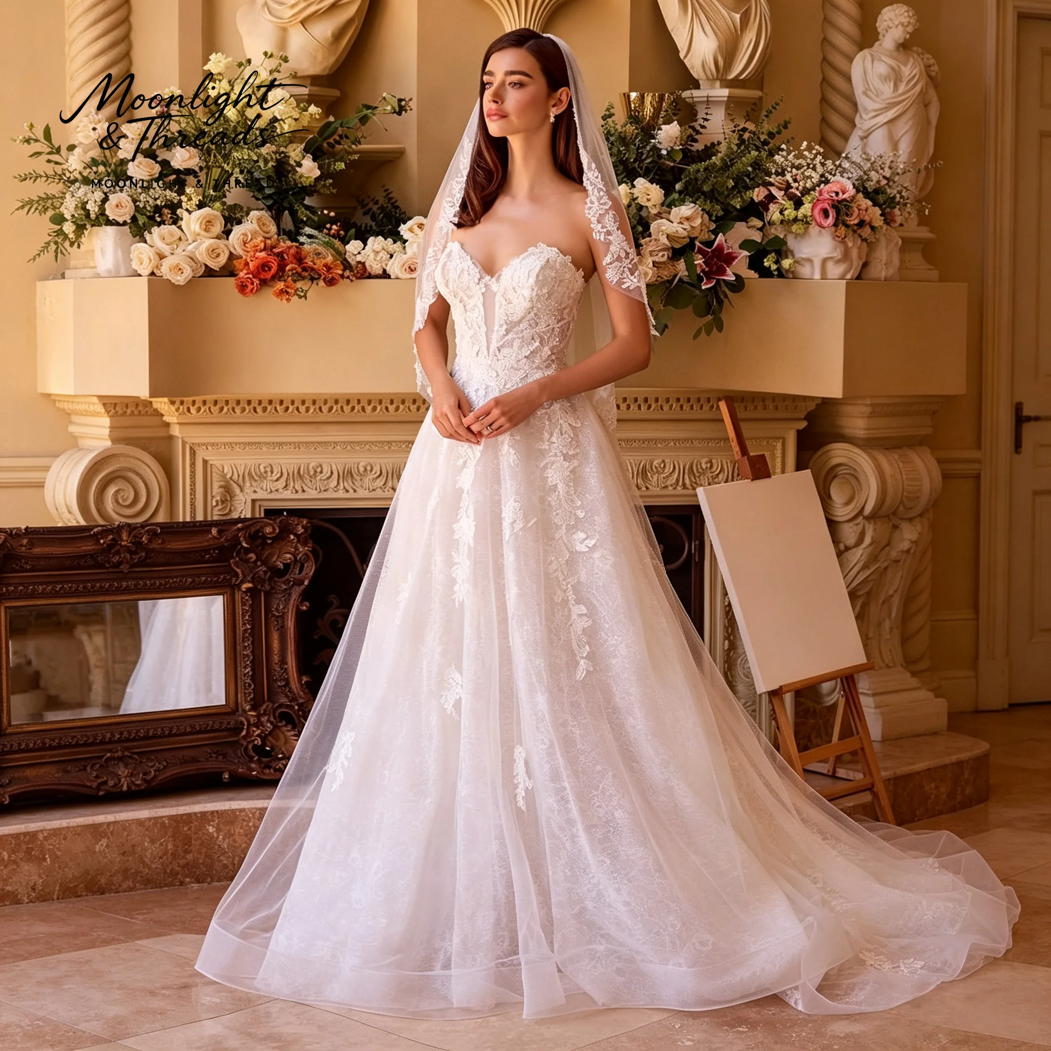 White strapless sleeveless A-line floor-length formal wedding gown featuring exquisite lace embroidery
White strapless sleeveless A-line floor-length formal wedding gown featuring exquisite lace embroidery