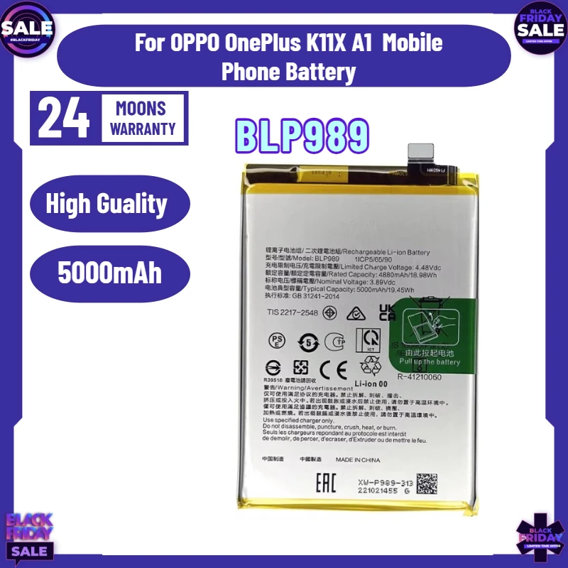 High-capacity Battery 5000mAh BLP989 Battery for OPPO OnePlus K11X A1 Mobile Phone Battery
High-capacity Battery 5000mAh BLP989 Battery for OPPO OnePlus K11X A1 Mobile Phone Battery