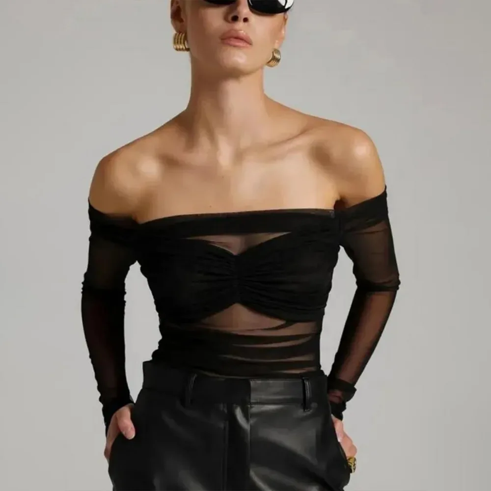 Spring Summer Women Mesh One-shoulder Y2k Sexy Slim Tops Long Sleeve T-shirt See-through Short Blouses Pleated Tees Design New
Spring Summer Women Mesh One-shoulder Y2k Sexy Slim Tops Long Sleeve T-shirt See-through Short Blouses Pleated Tees Design New