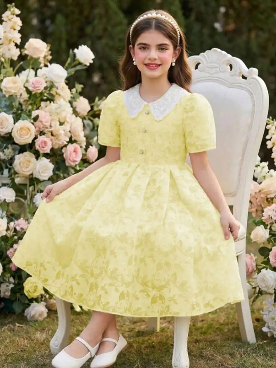 Yellow Floral Embroidered Collar Dress With Faux Pearl Buttons Pleated Hem Short Sleeve A-Line
Yellow Floral Embroidered Collar Dress With Faux Pearl Buttons Pleated Hem Short Sleeve A-Line