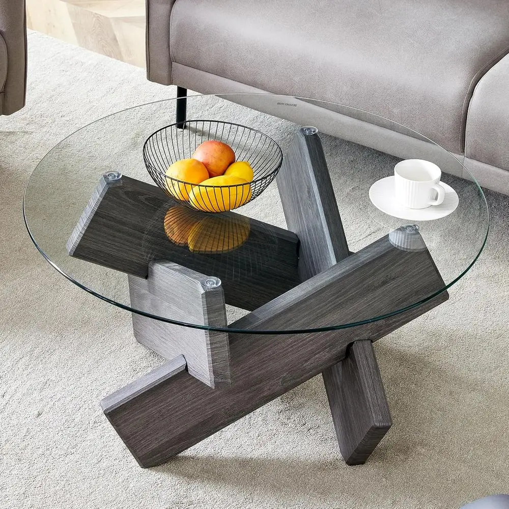 Elegant Round Glass Coffee Table with Wooden Base for Modern Living Room, Easy Assembly, 33.4
Elegant Round Glass Coffee Table with Wooden Base for Modern Living Room, Easy Assembly, 33.4