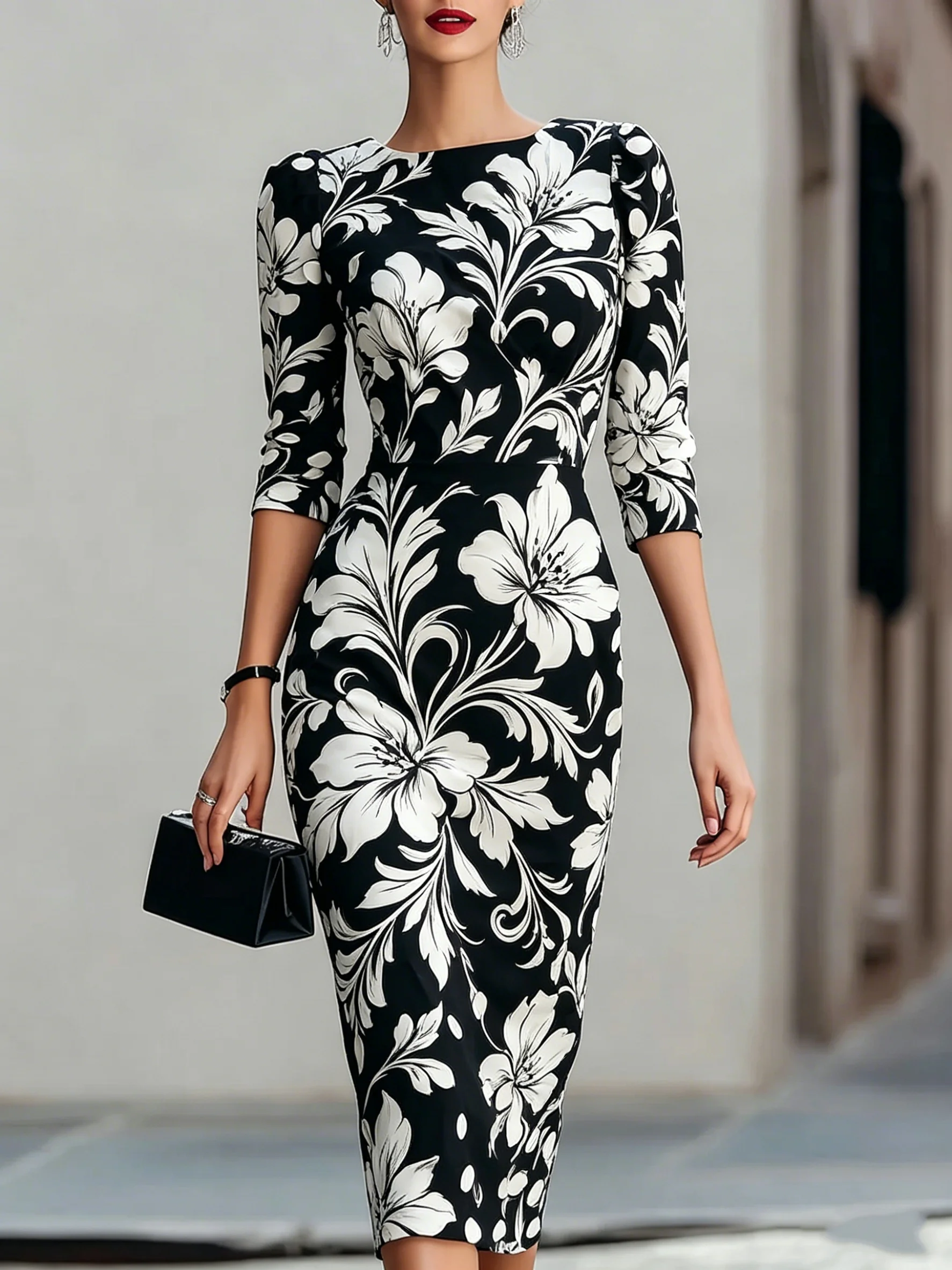 Women's Elegant Midi Pencil Dress Round Neck 3/4 Sleeve Black White Big Flower Printed Bodycon Dress Summer Casual Party Outfit
Women's Elegant Midi Pencil Dress Round Neck 3/4 Sleeve Black White Big Flower Printed Bodycon Dress Summer Casual Party Outfit