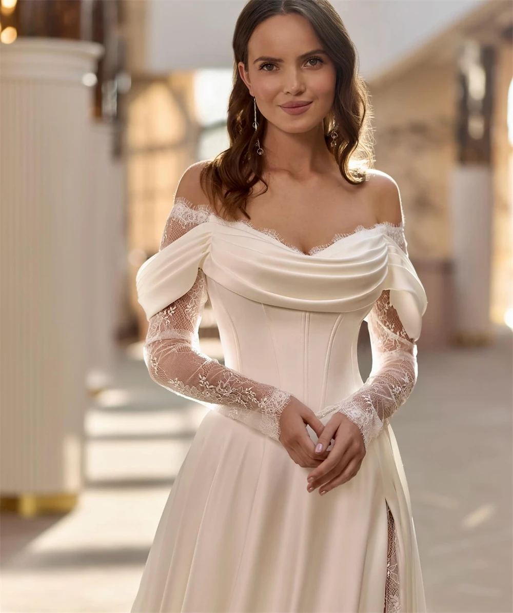 Customized Elegant White Satin Bridal Gowns Boho Sweetheart Long Sleeves Wedding Dress Soft A-Line Court Train Vestido De Novia
Customized Elegant White Satin Bridal Gowns Boho Sweetheart Long Sleeves Wedding Dress Soft A-Line Court Train Vestido De Novia