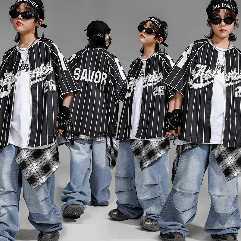 Kid Hip Hop Clothing Black Striped Baseball Cardigan Shirt Denim Blue Casual Parachute Jeans Pants for Girl Boy Dance Costumes
Kid Hip Hop Clothing Black Striped Baseball Cardigan Shirt Denim Blue Casual Parachute Jeans Pants for Girl Boy Dance Costumes