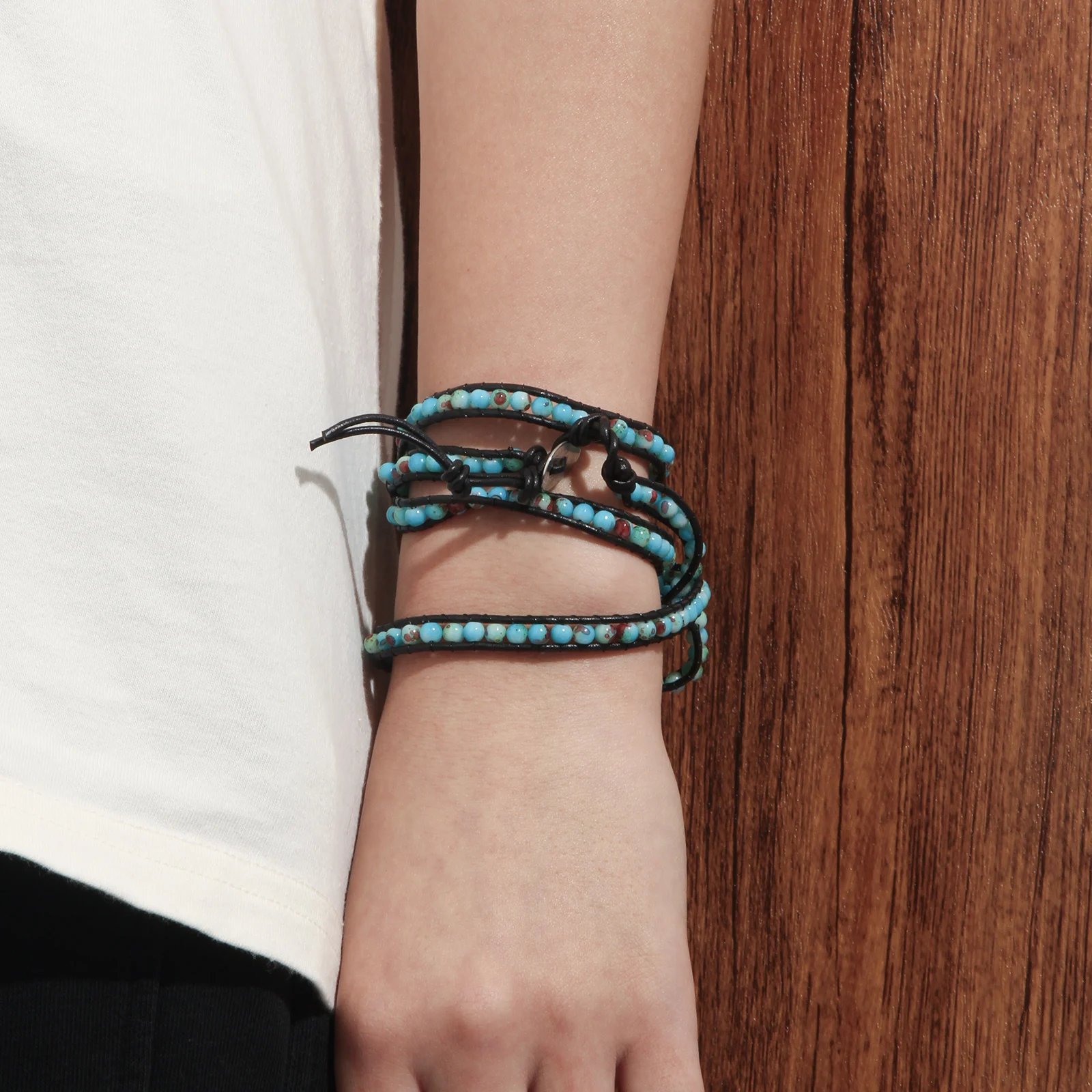 Boho Turquoise Beaded Leather Wrap Bracelet Adjustable for Women
Boho Turquoise Beaded Leather Wrap Bracelet Adjustable for Women