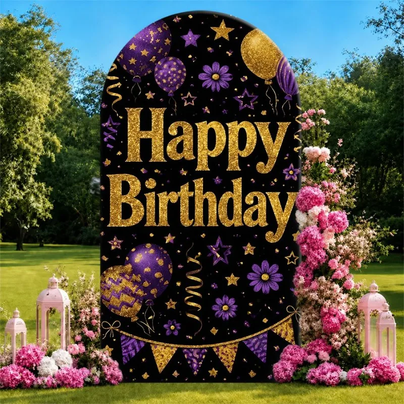 Single Side Arch Backdrop Cover Golden Glitter Happy Birthday Background Banner with Purple and Gold Balloons Stars and Floral
Single Side Arch Backdrop Cover Golden Glitter Happy Birthday Background Banner with Purple and Gold Balloons Stars and Floral