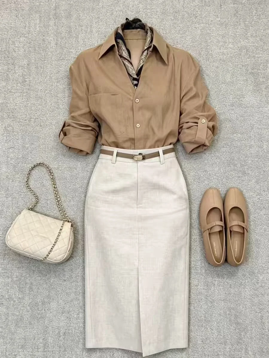 Khaki Color Shirt And Skirt Set Loose Style Elegant Small Fragrance Wind Summer Fashion Women's High Waist Uniform Outfit
Khaki Color Shirt And Skirt Set Loose Style Elegant Small Fragrance Wind Summer Fashion Women's High Waist Uniform Outfit