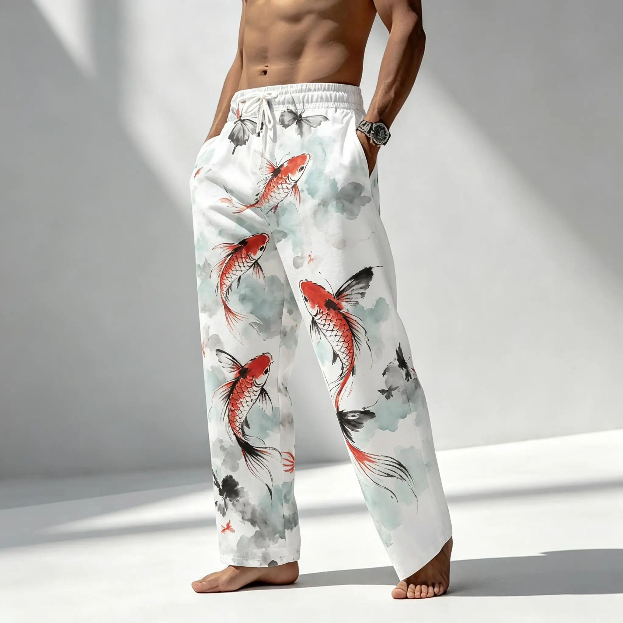 Men's Ink Wash Koi Fish Print Drawstring Wide Leg Pants, Casual Loose Trousers For Spring Summer Beach & Daily Wear
Men's Ink Wash Koi Fish Print Drawstring Wide Leg Pants, Casual Loose Trousers For Spring Summer Beach & Daily Wear