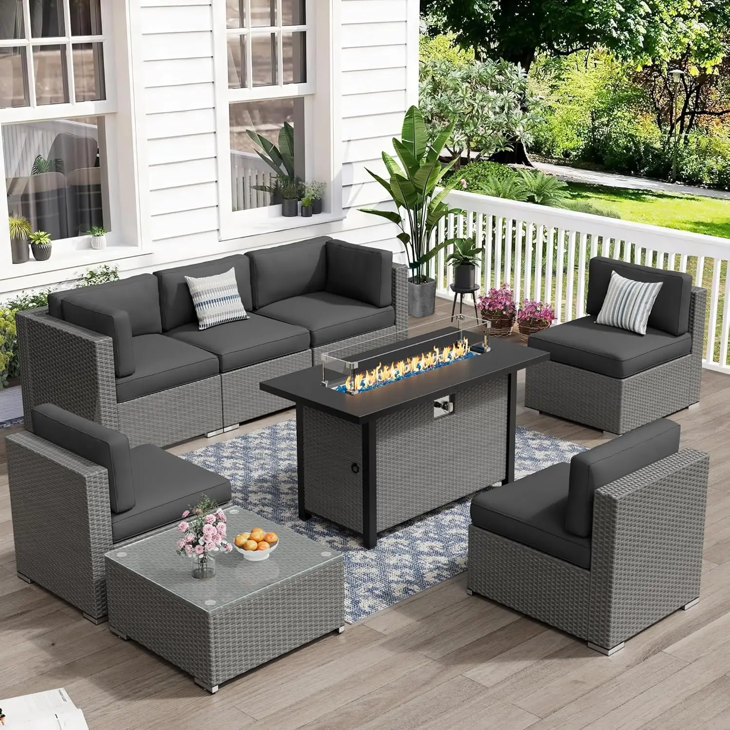45in Gas Fire Pit Table Outdoor Patio Furniture Set All-Weather Grey Wicker Rattan Sectional Sofa Glass Coffee Table Customized
45in Gas Fire Pit Table Outdoor Patio Furniture Set All-Weather Grey Wicker Rattan Sectional Sofa Glass Coffee Table Customized