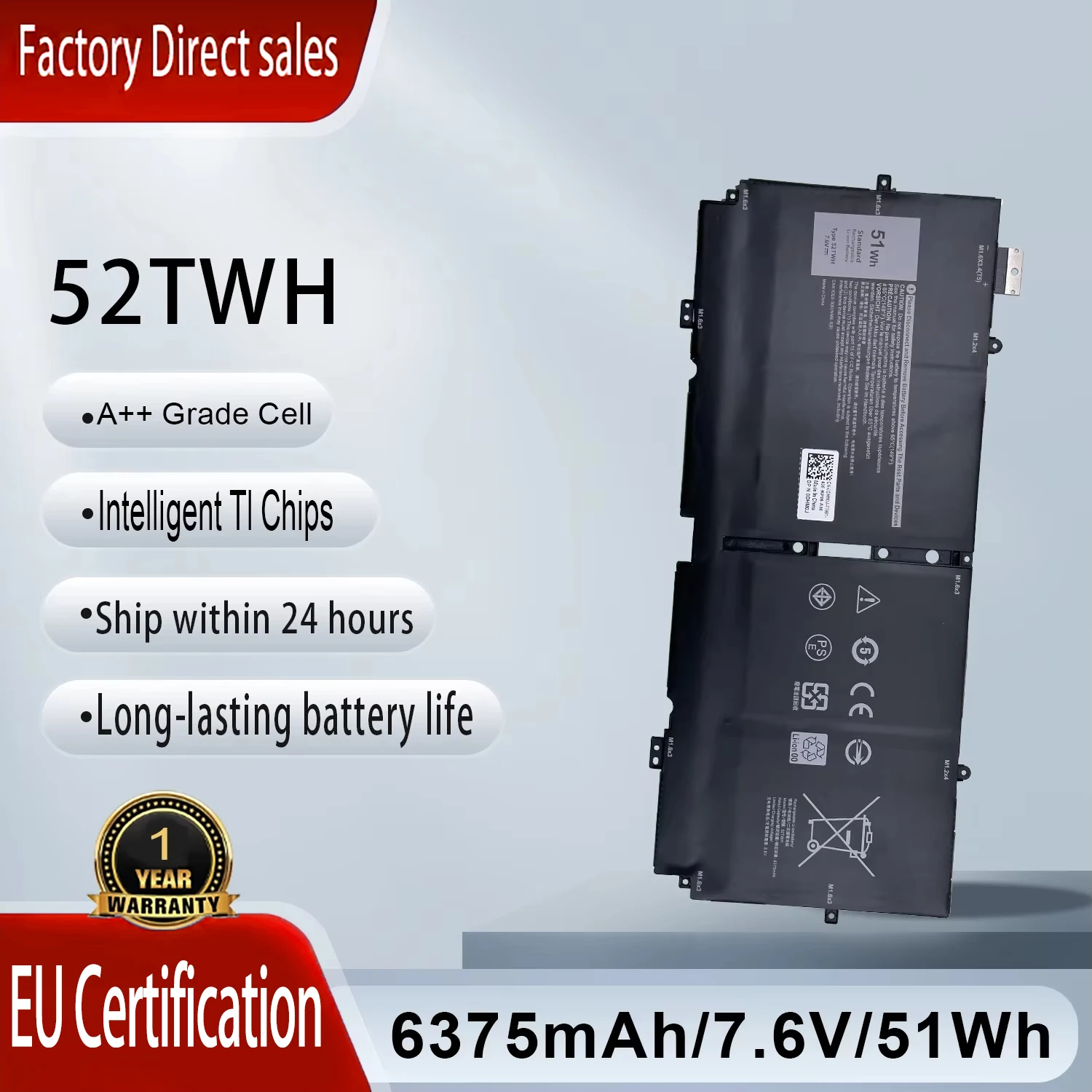 52TWH 7.6V 51WH Replacement Battery For Dell XPS 13 7390 2-in-1 P103G MM6M8 XX3T7
52TWH 7.6V 51WH Replacement Battery For Dell XPS 13 7390 2-in-1 P103G MM6M8 XX3T7