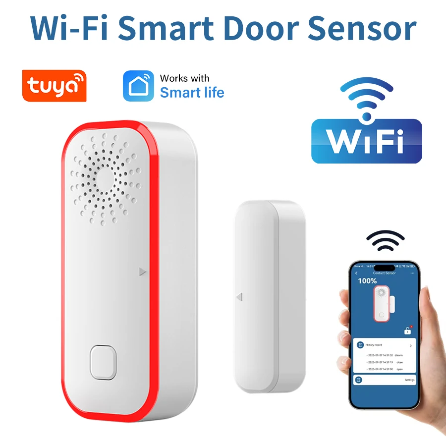 Tuya WiFi Window Door Sensor Battery Powered Smart Open Closed Detector Smart Home Sound and Light Alarm Work with Smart Life